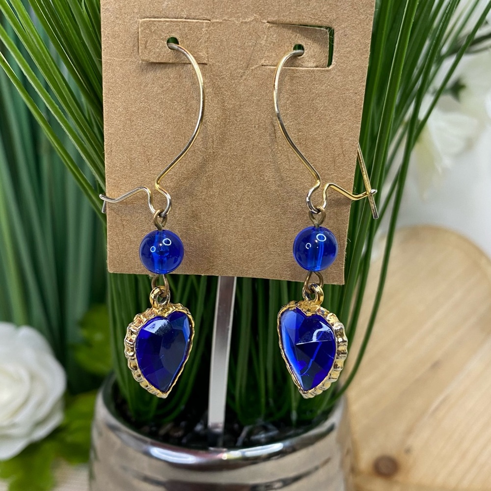 Blue Heart Dangle Earrings Pierced Gold Tone